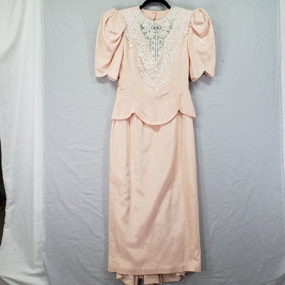 Scott McClintock Dresses & Skirts - Vintage 80s Scott McClintock Pink Lace Sequin Skirt Suit Dress 4 Peplum Formal